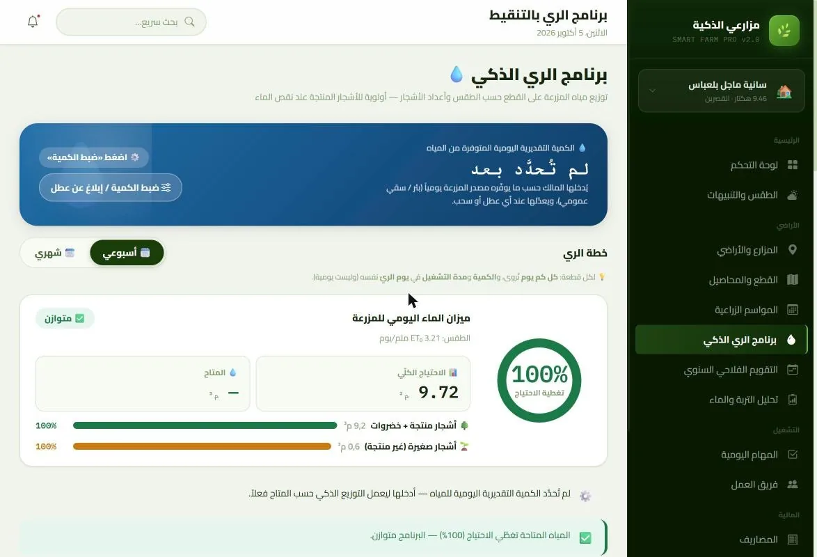 شاشة برنامج الري الذكي وميزان الماء اليومي